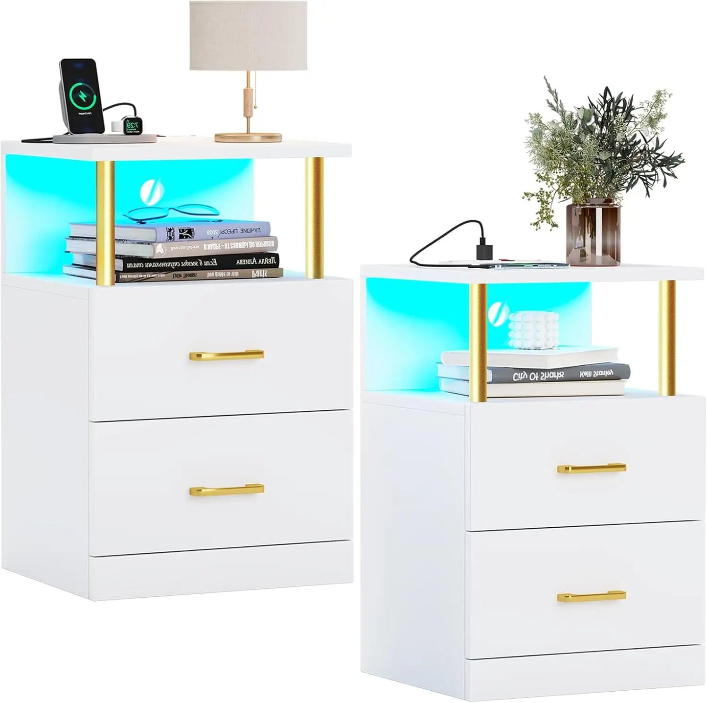 Nightstand with Charging Station, LED Lights