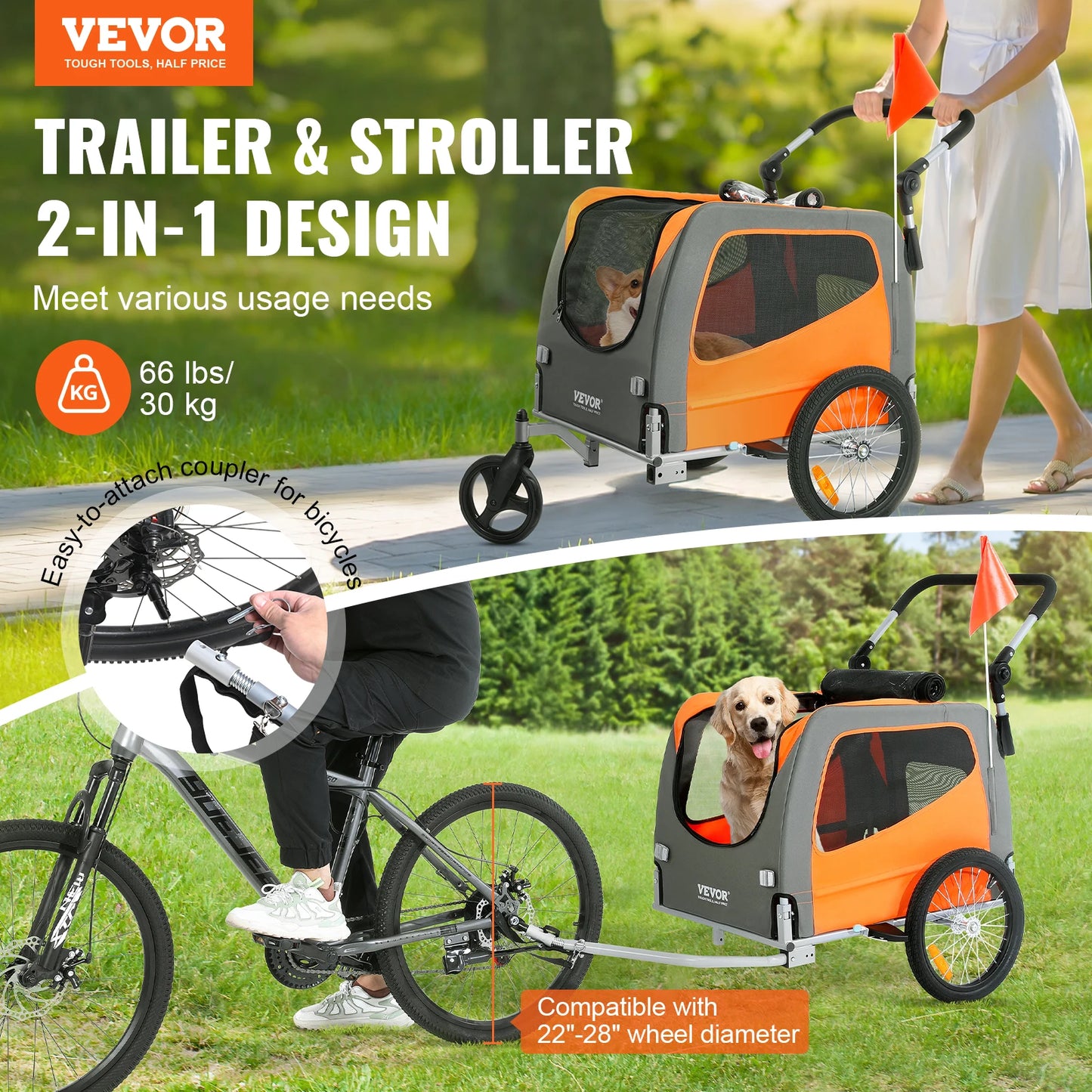 66lbs Dog Bike Trailer 2-in-1