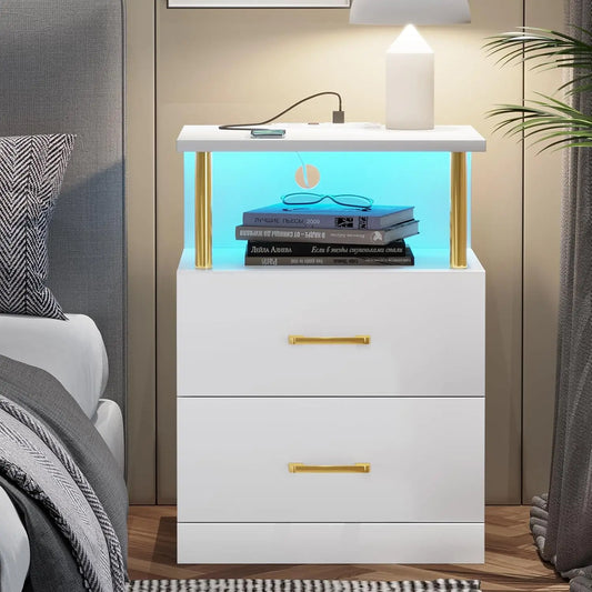 Nightstand with Charging Station, LED Lights