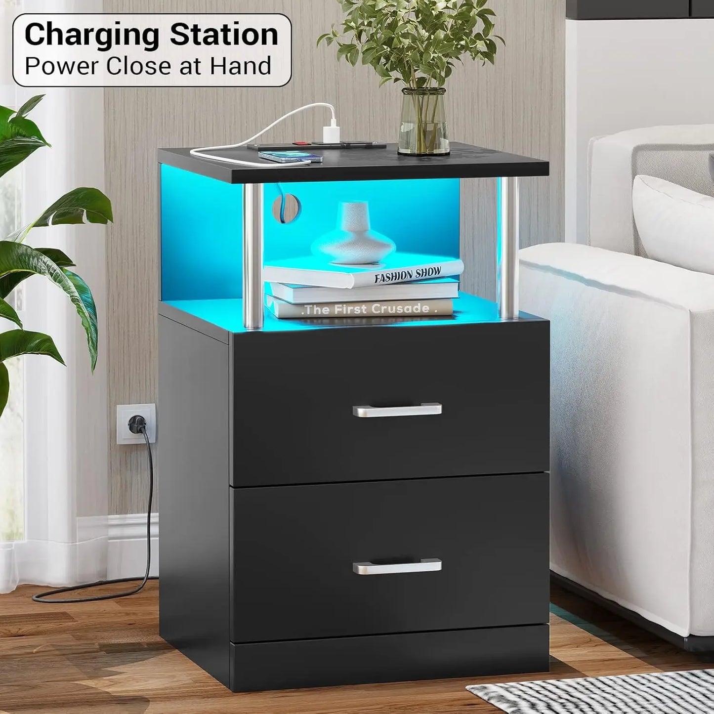 Nightstand with Charging Station, LED Lights