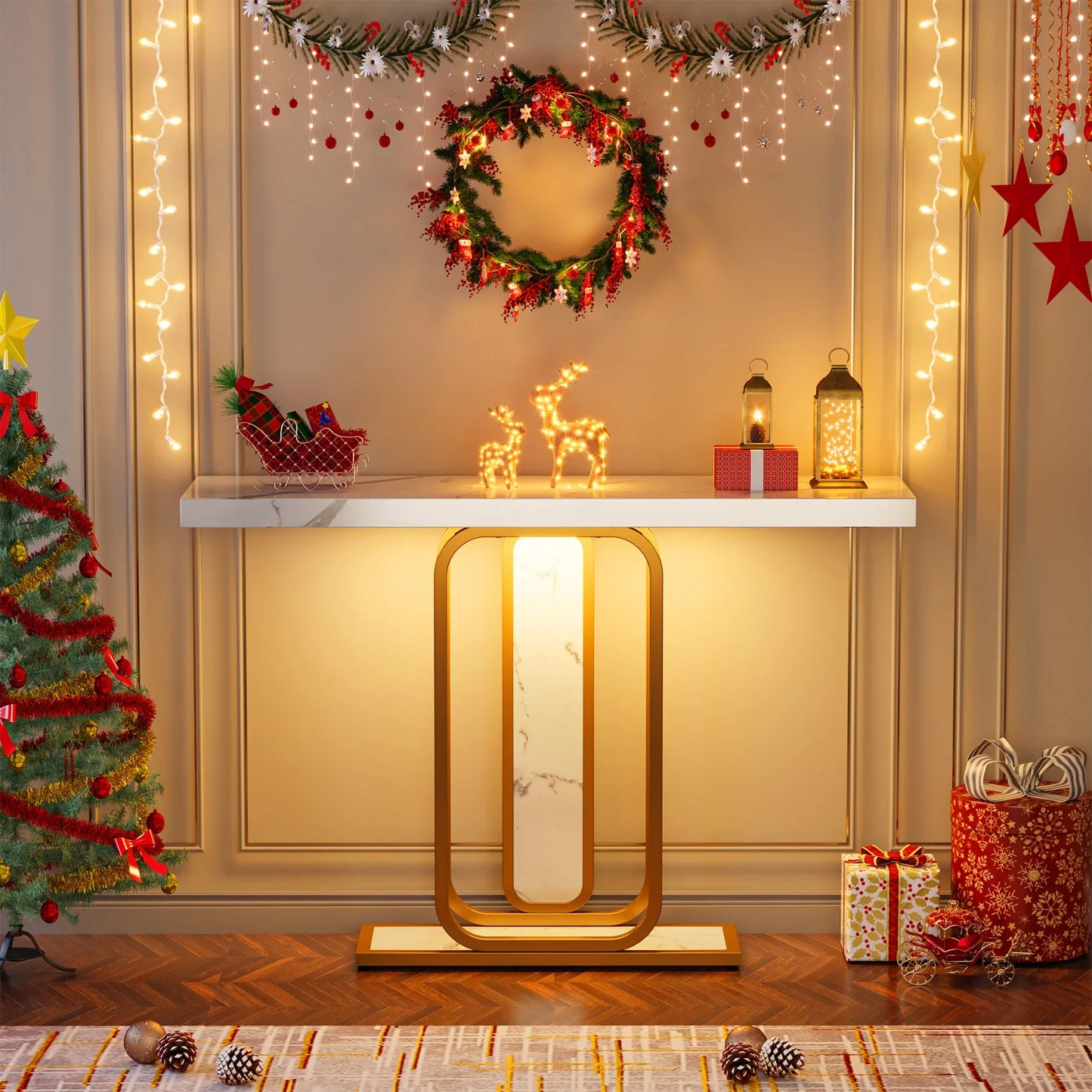 Gold White Console Table with LED Lights