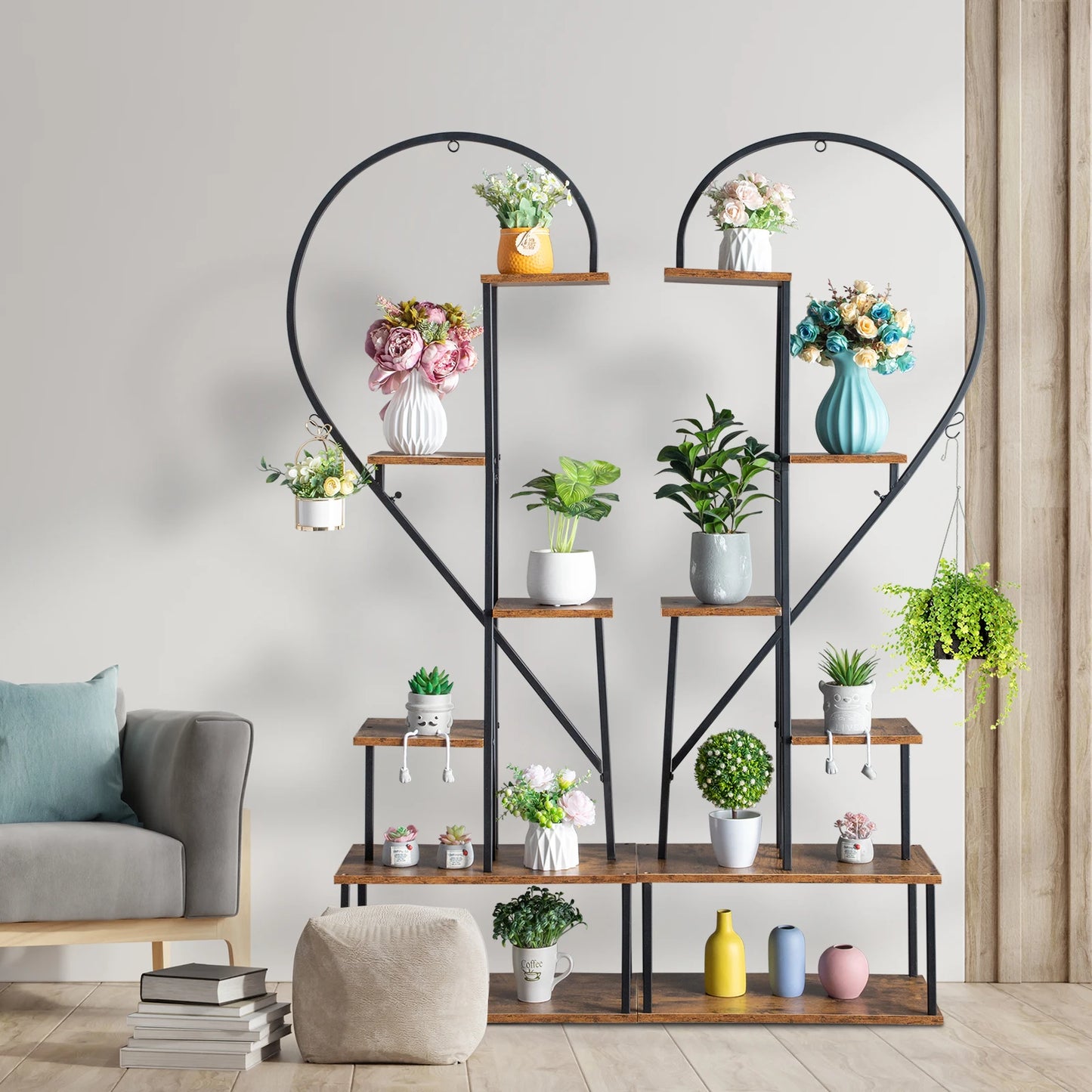 Half Heart Iron Wood Plant Stand