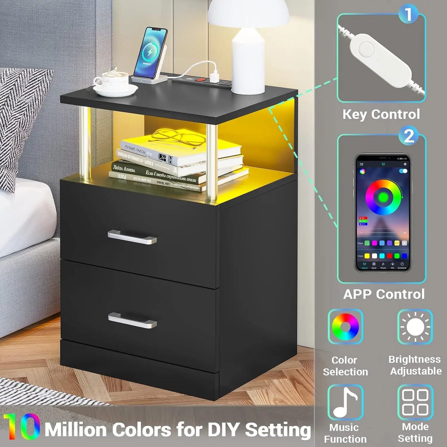 Nightstand with Charging Station, LED Lights