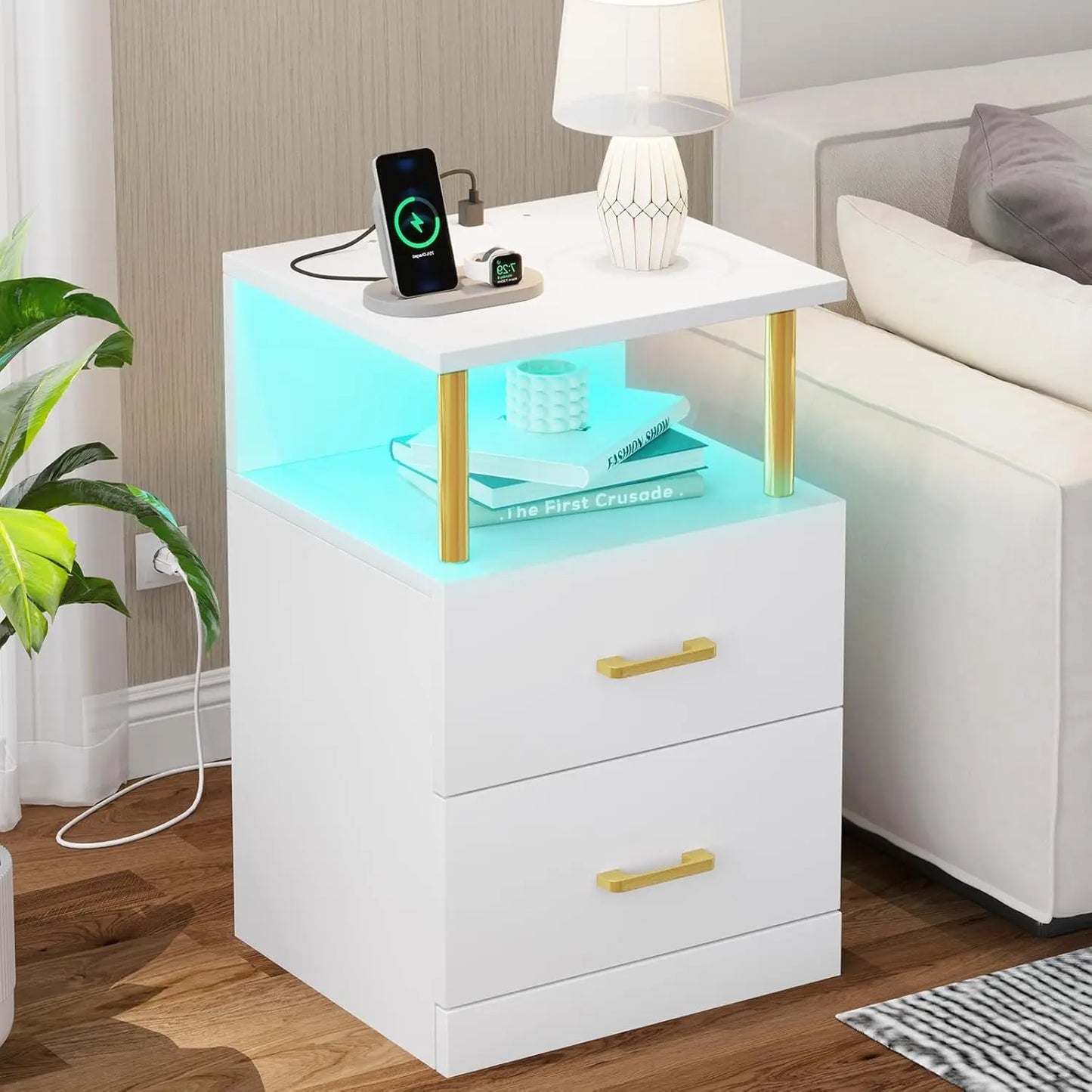 Nightstand with Charging Station, LED Lights