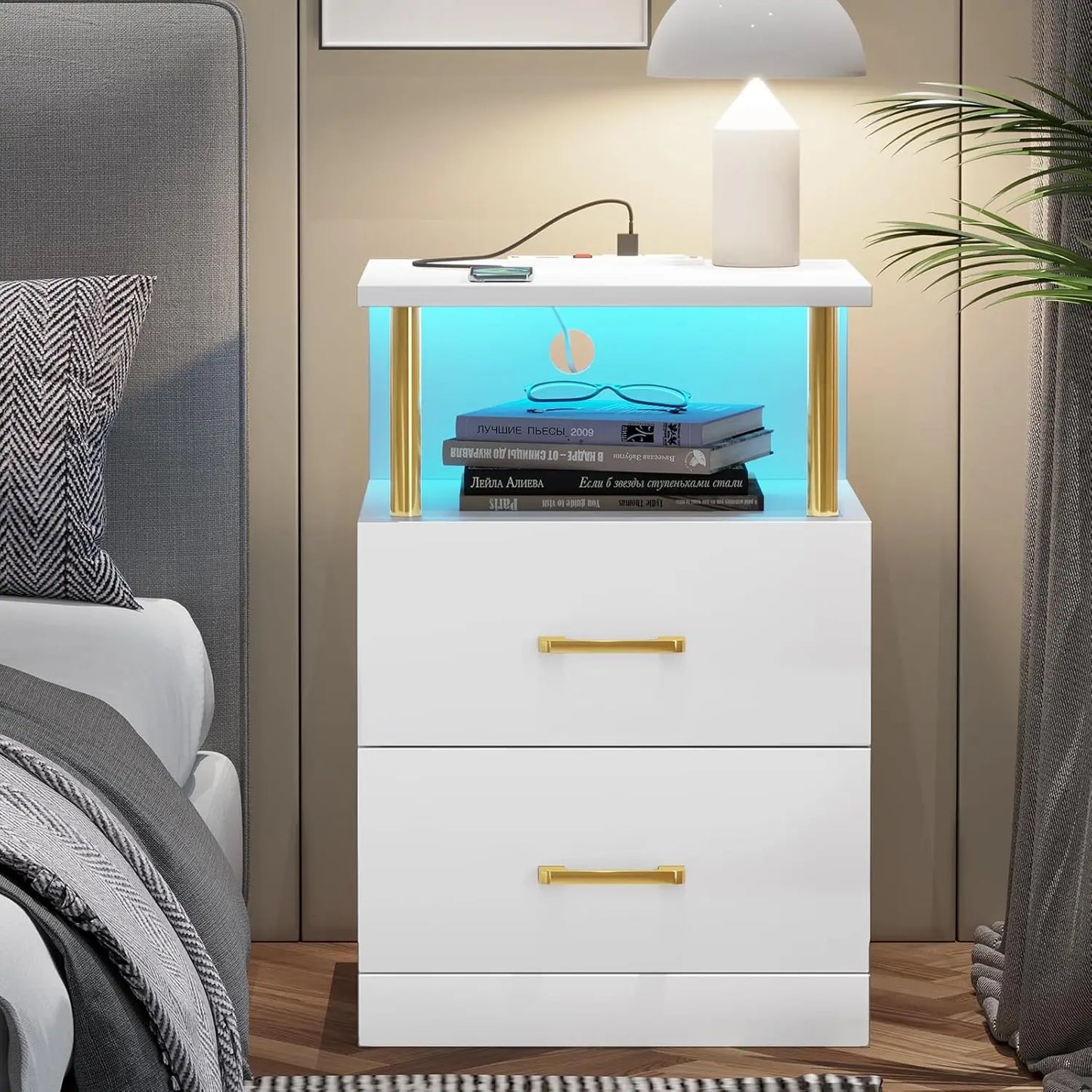 Nightstand with Charging Station, LED Lights