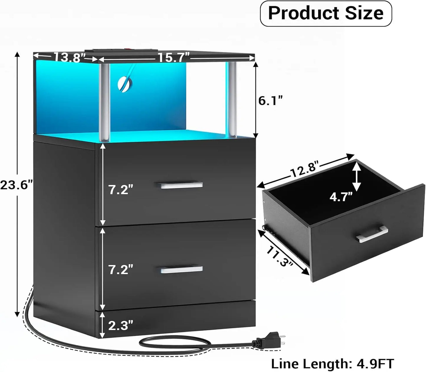 Nightstand with Charging Station, LED Lights