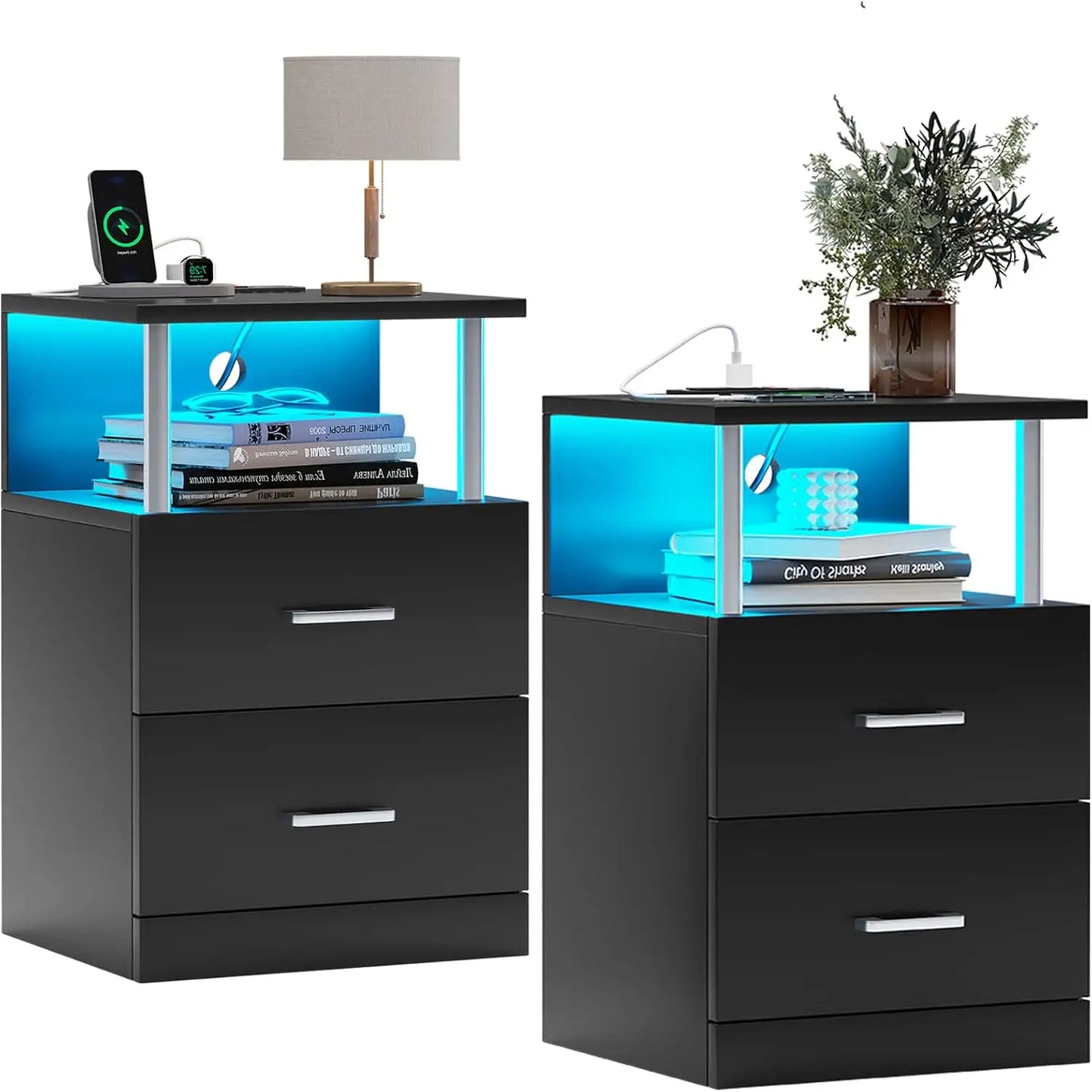 Nightstand with Charging Station, LED Lights