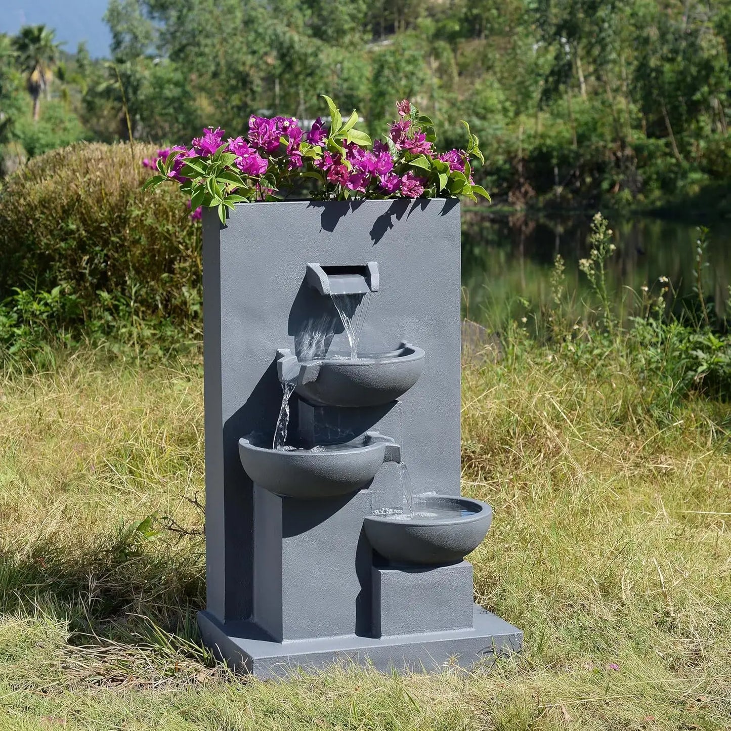 3-Tier Cascading Outdoor Water Fountain with Planter