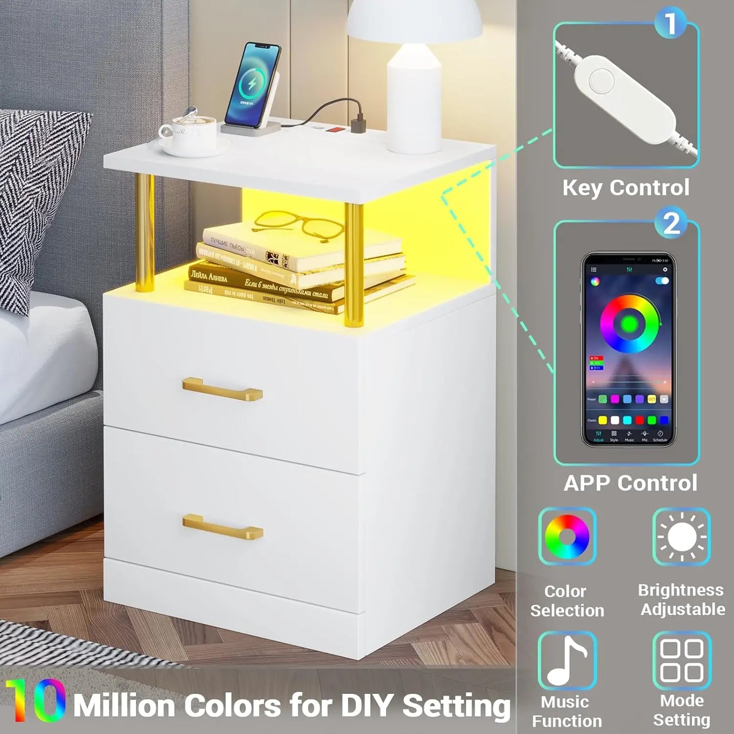 Nightstand with Charging Station, LED Lights