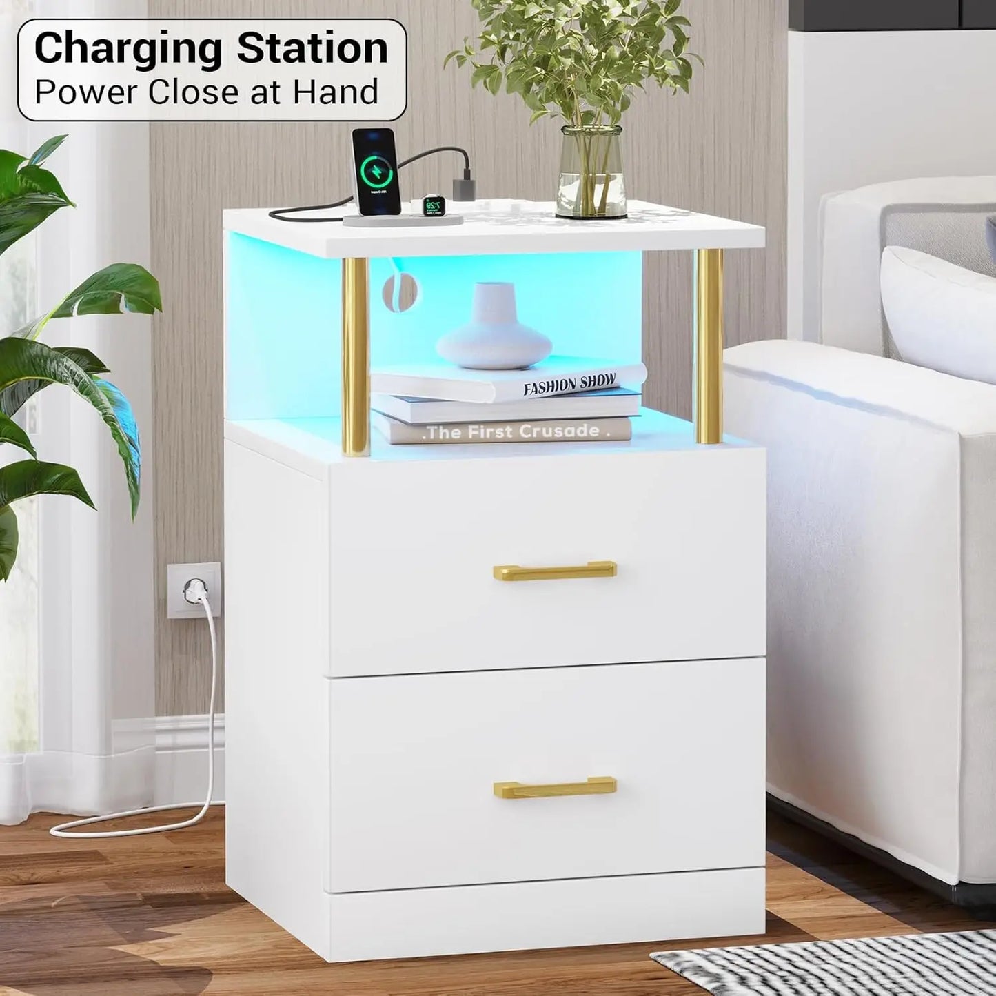 Nightstand with Charging Station, LED Lights