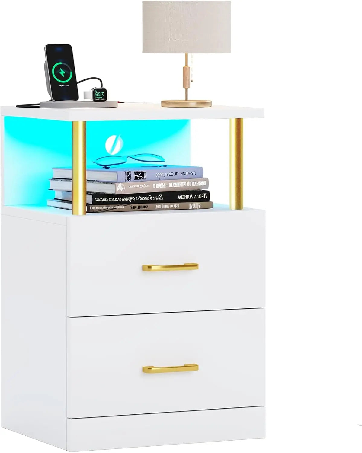 Nightstand with Charging Station, LED Lights