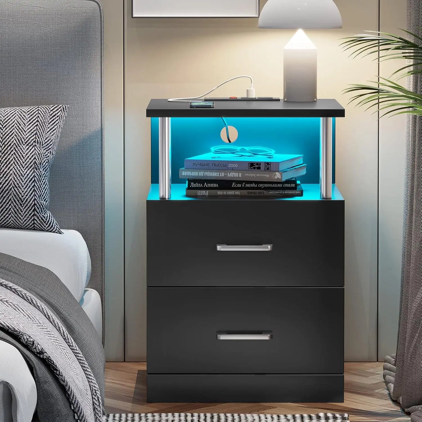 Nightstand with Charging Station, LED Lights