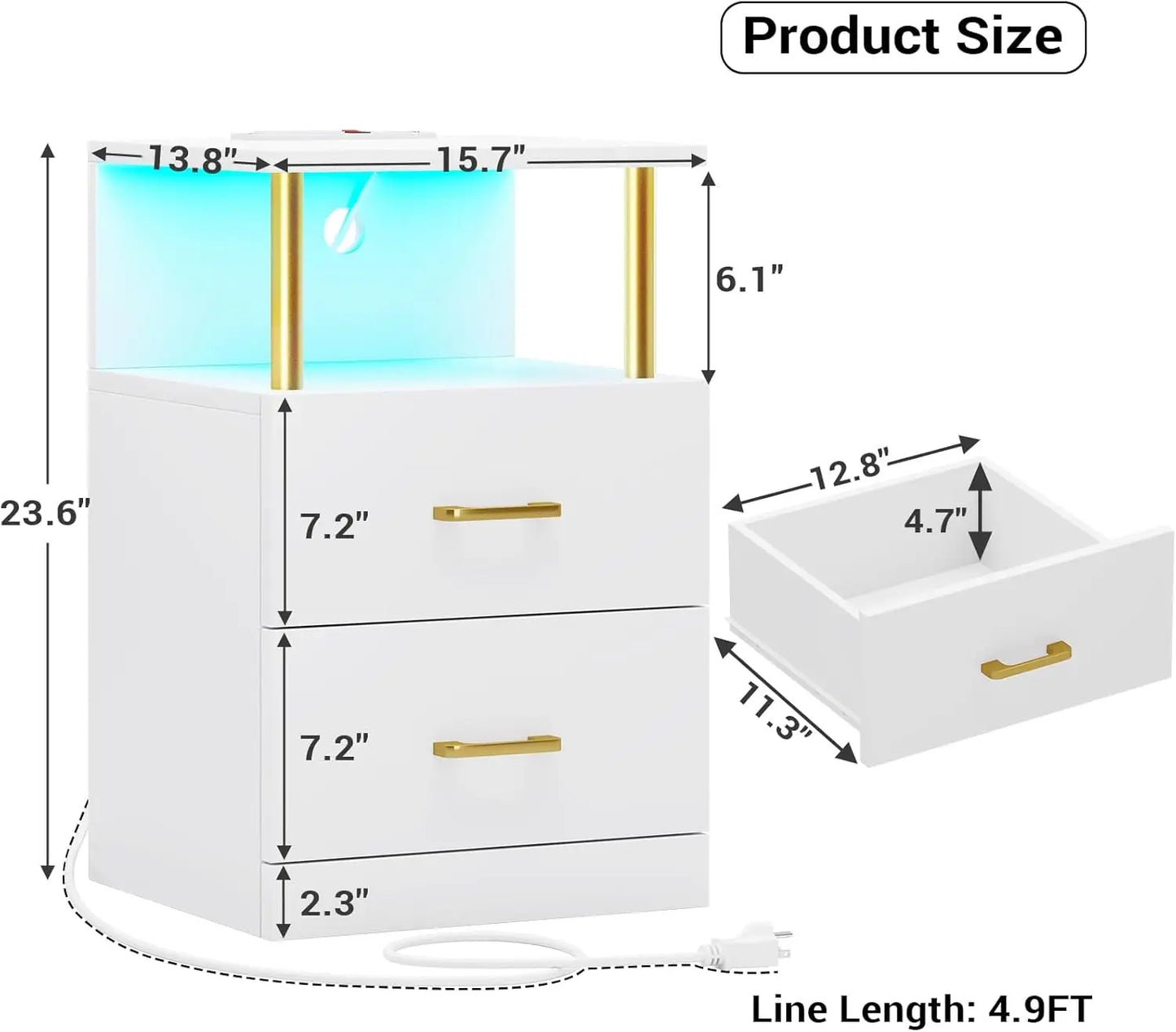 Nightstand with Charging Station, LED Lights