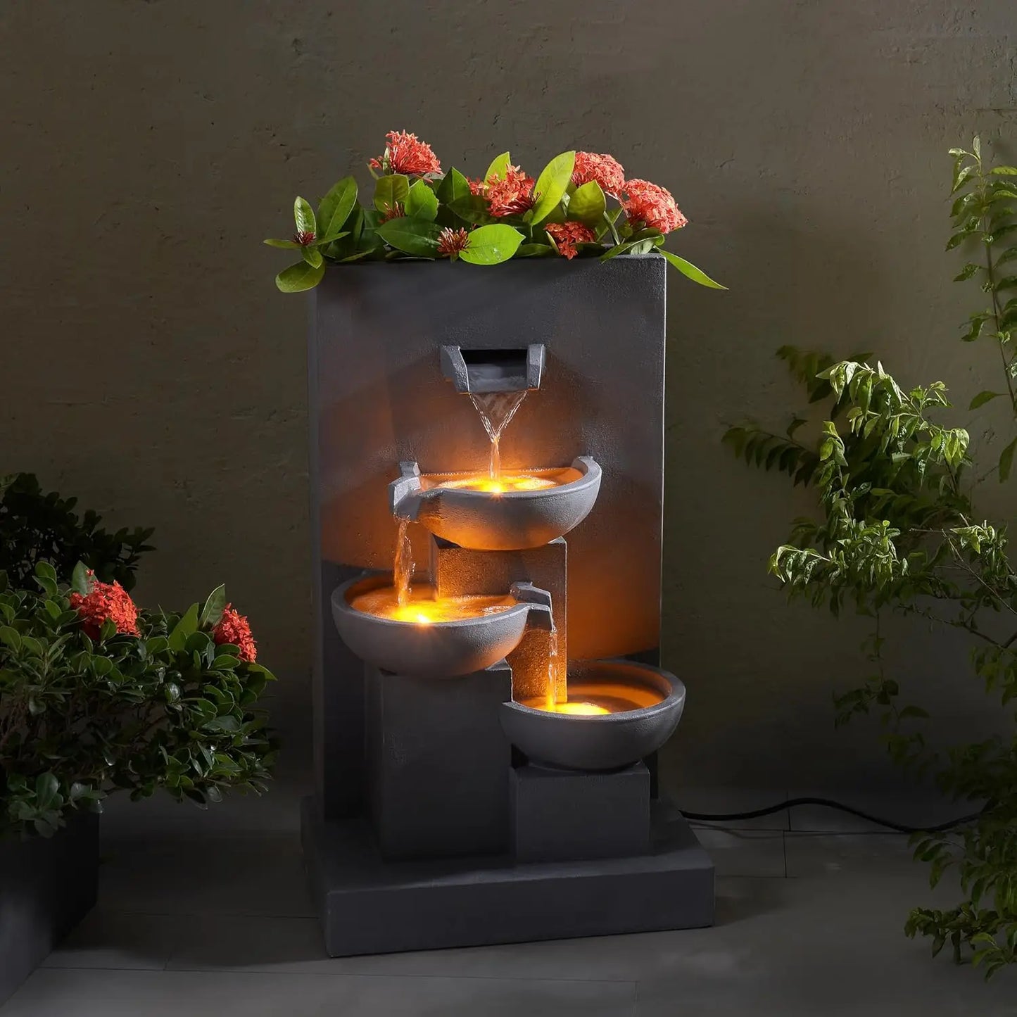 3-Tier Cascading Outdoor Water Fountain with Planter