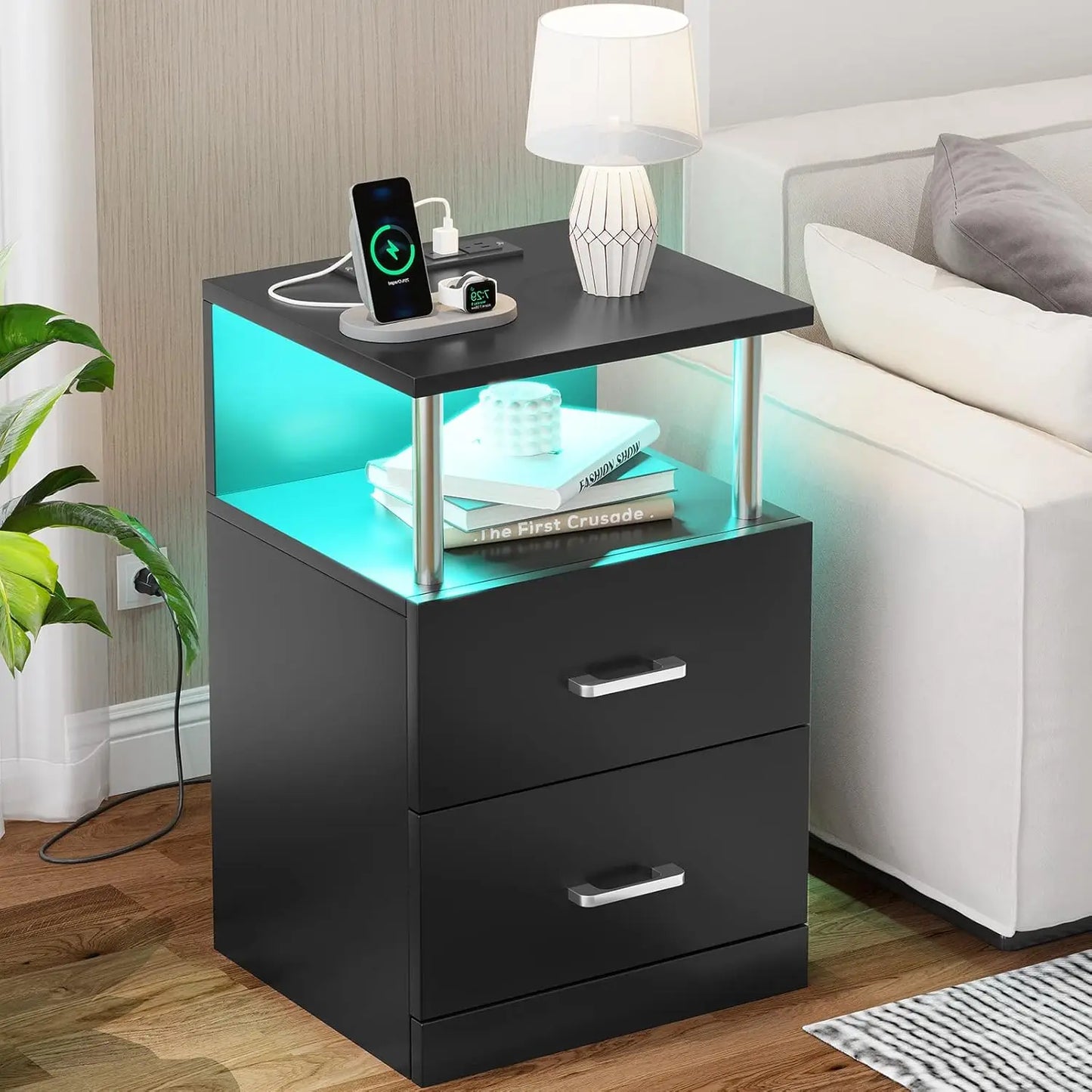 Nightstand with Charging Station, LED Lights