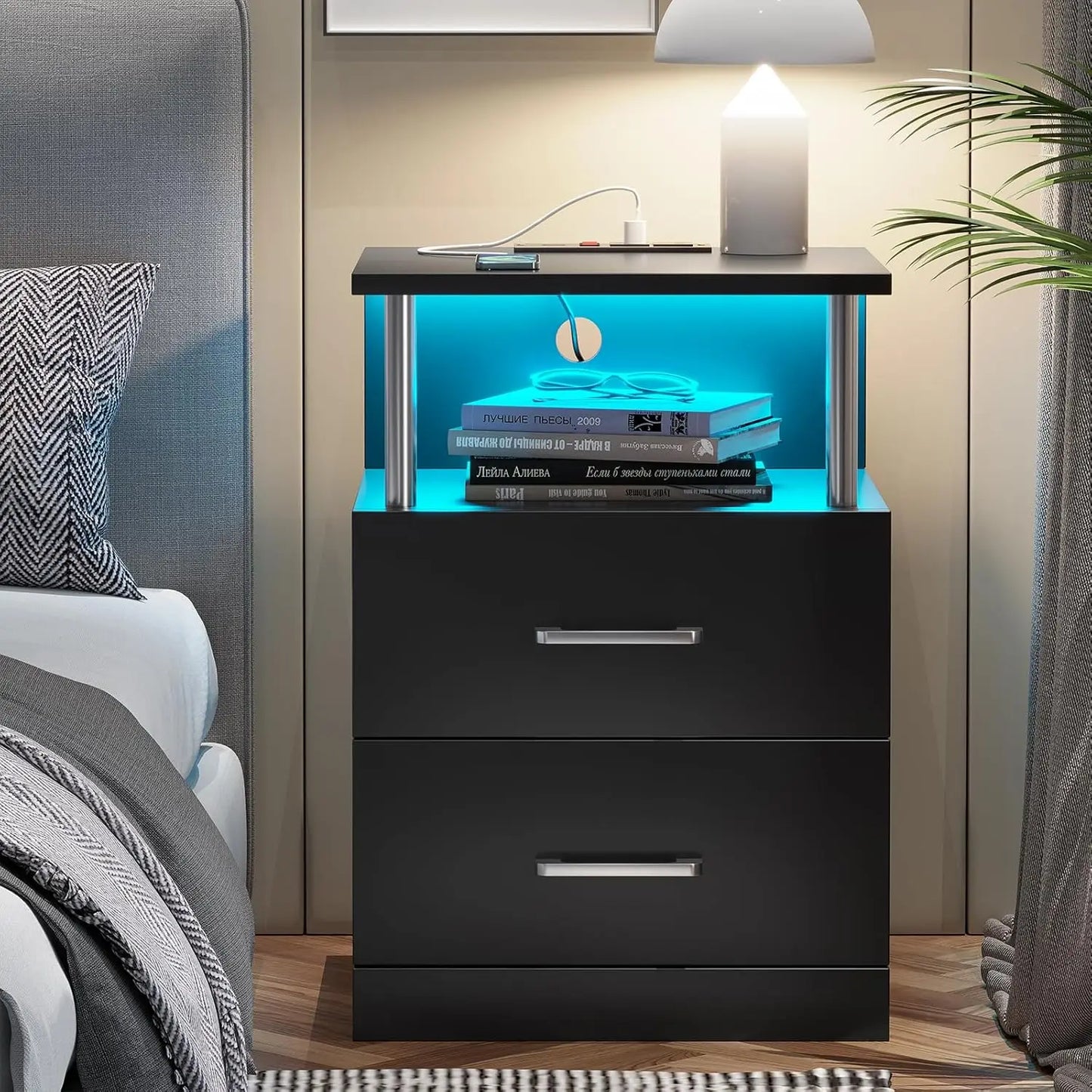 Nightstand with Charging Station, LED Lights