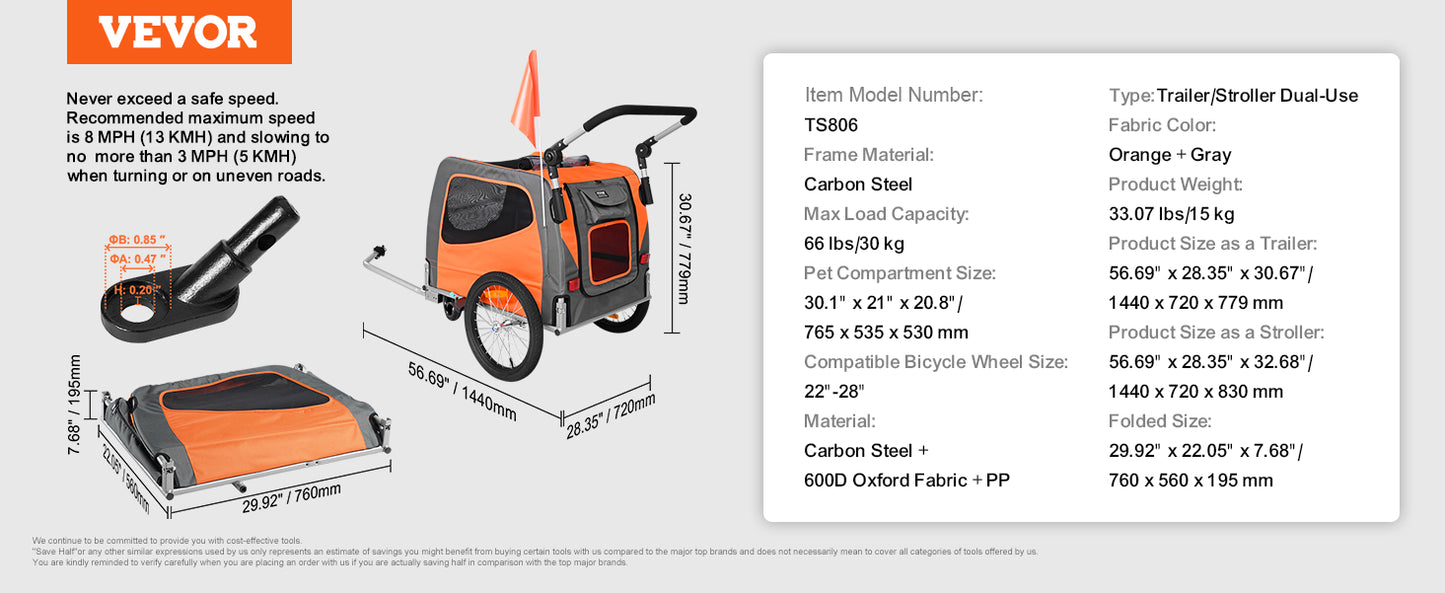 66lbs Dog Bike Trailer 2-in-1